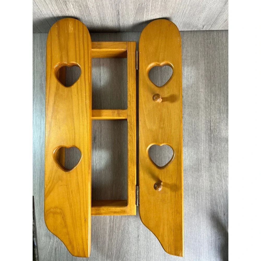 Vintage Wooden Heart Wall Shelf Peg Hooks Country Cottage Folding Spice Rack